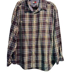 Tommy Hilfiger Size XL Navy Plaid Button Down 100% Cotton Preppy Business Casual